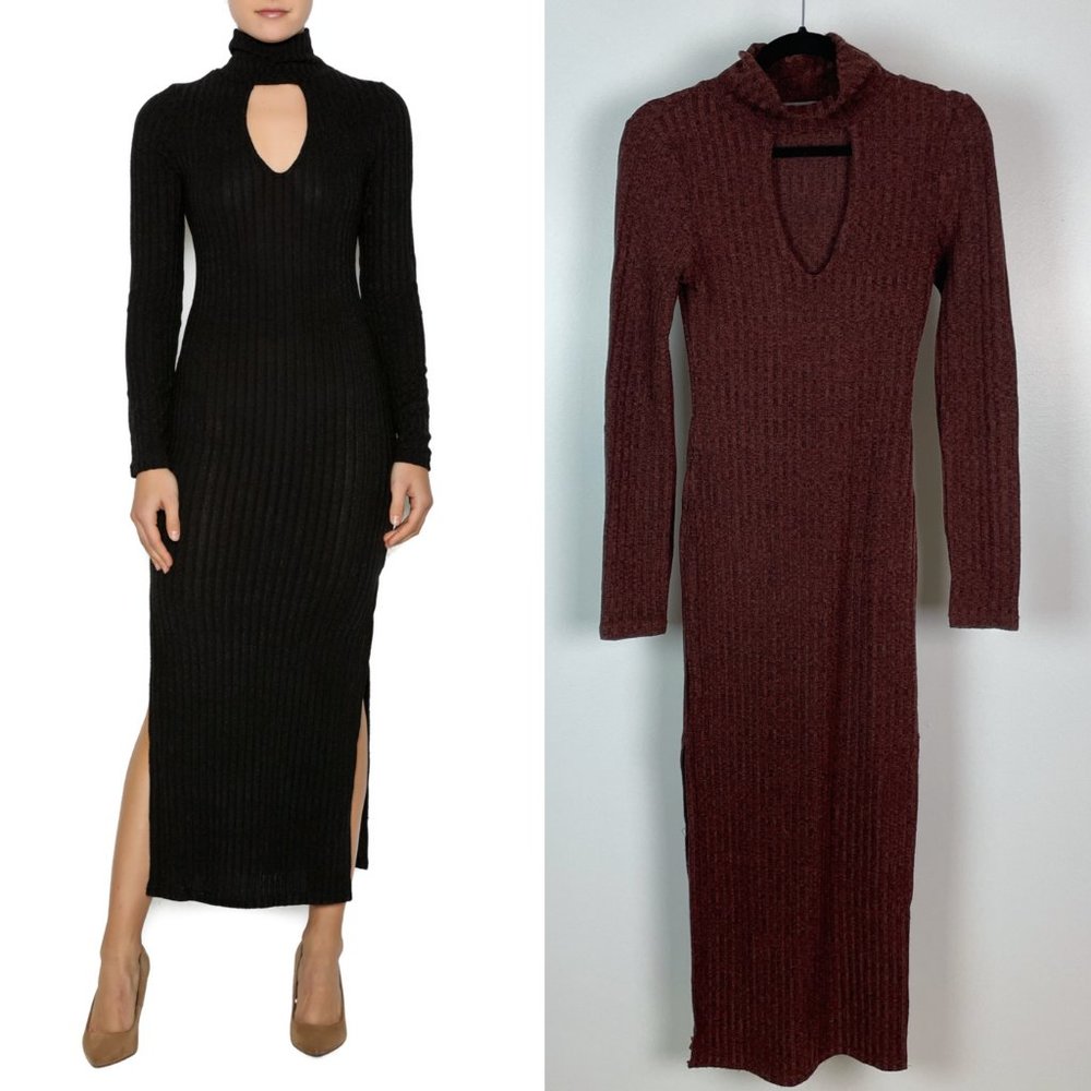 ESSUE Keyhole Choker Turtleneck Sweater Dress Wine Burgundy S